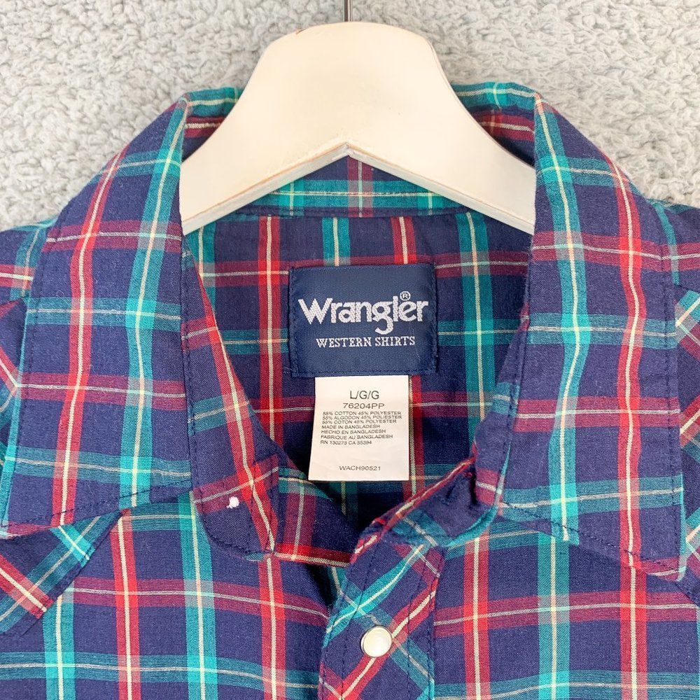Wrangler Western Shirt Mens Large Blue‎ Red Plaid Pearl Snap Cowboy Ranch Farmer - Picture 2 of 12